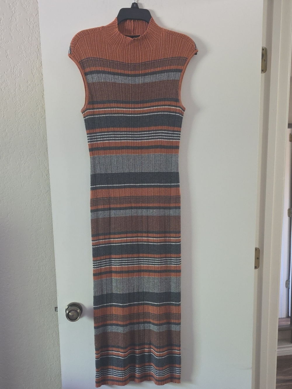 House of Harlow 1960 Striped Rib-Knit Maxi Dress in Rust, Gray and Black